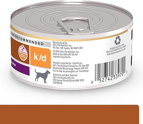 Hill's Prescription Diet k/d Kidney Care (Cuidado de los Riñones) Alimento húmedo para perros con estofado de carne y verduras, dieta veterinaria